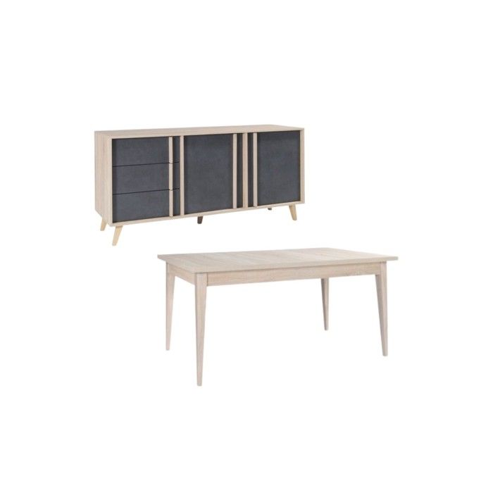 Salle à manger complète MALMO avec table 6 places 160 cm et buffet 165 cm – Chêne clair et gris Salle à manger complète MALMO avec table 6 places 160 cm et buffet 165 cm – Chêne clair et gris