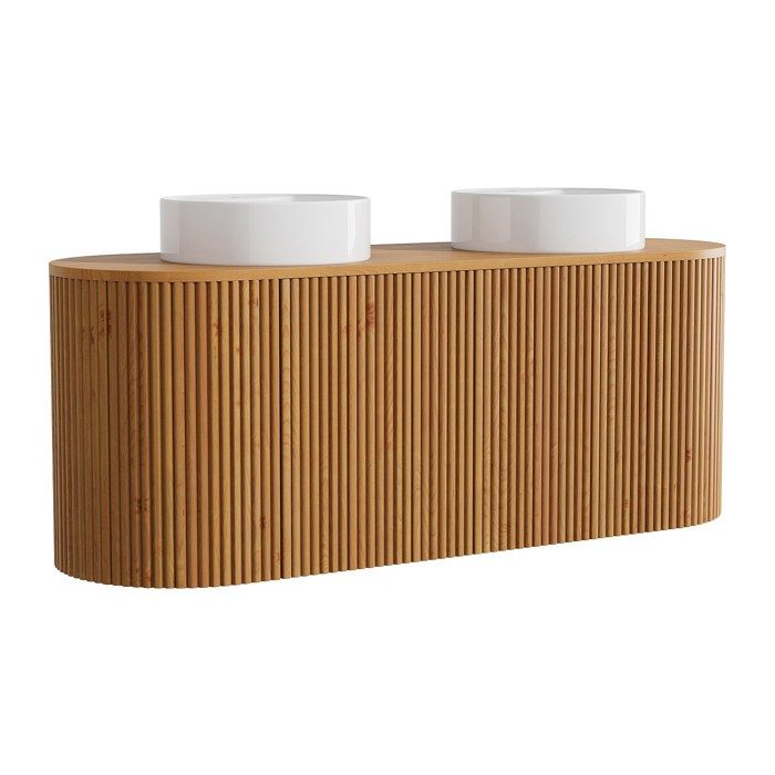 Meuble de salle de bain suspendu en teck avec double vasque à poser ronde - Naturel clair - 150 cm - TOWARI