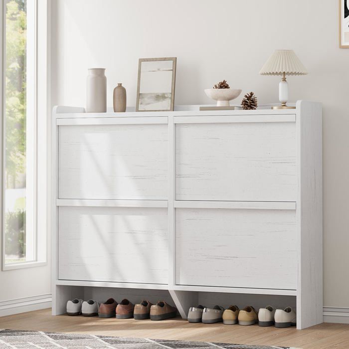 Meuble à chaussures gain de place – Armoire en bois – 4 abattants – Étagères ajustables – Rangement chaussures discret blanc antique