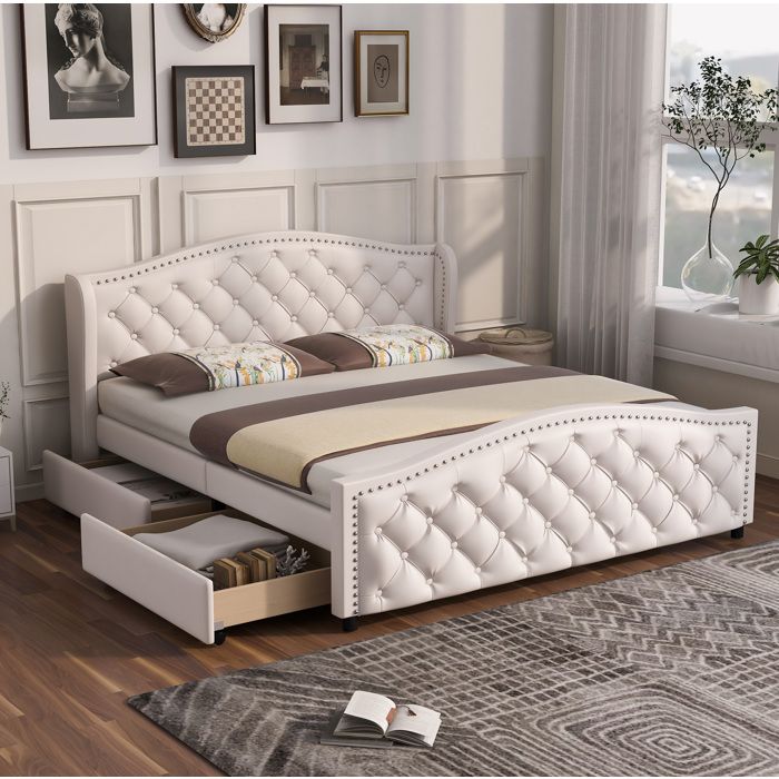 Lit rembourré 160x200 avec sommier à lattes inclus 2 tiroirs tête de lit capitonnée PU blanc style Chesterfield ORVRYN