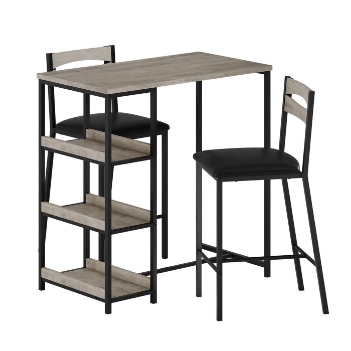 Ensemble table à manger 3 pièces - Table haute + 2 tabourets - 3 étagères intégrées - Industriel - MDF/acier - 91x50x91 cm