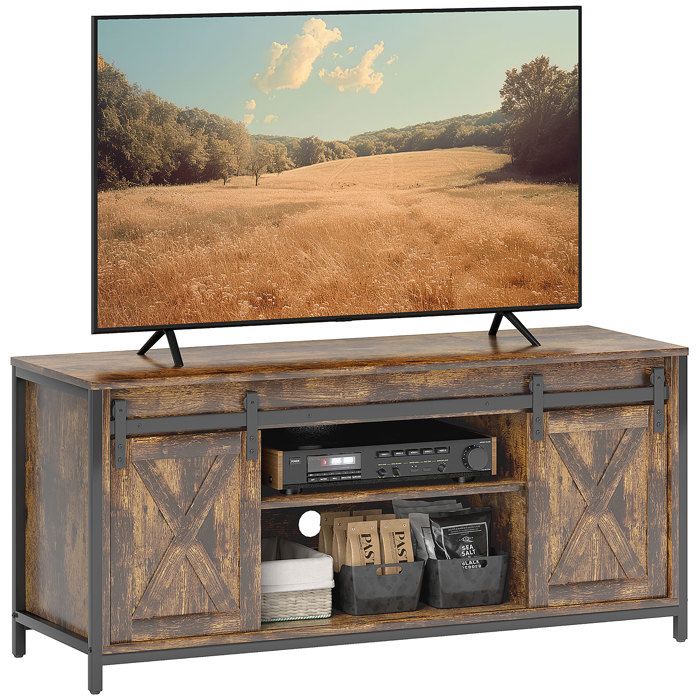 VVBV MEUBLE TV Industriel pour TV 60 Pouces avec 2 Portes Coulissantes et 6 Compartiments 120x40x54 cm Marron Rustique et Noir