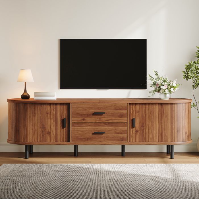 WOVREO Meuble TV 150 cm noyer 2 portes coulissantes 2 tiroirs et pieds métal noirs