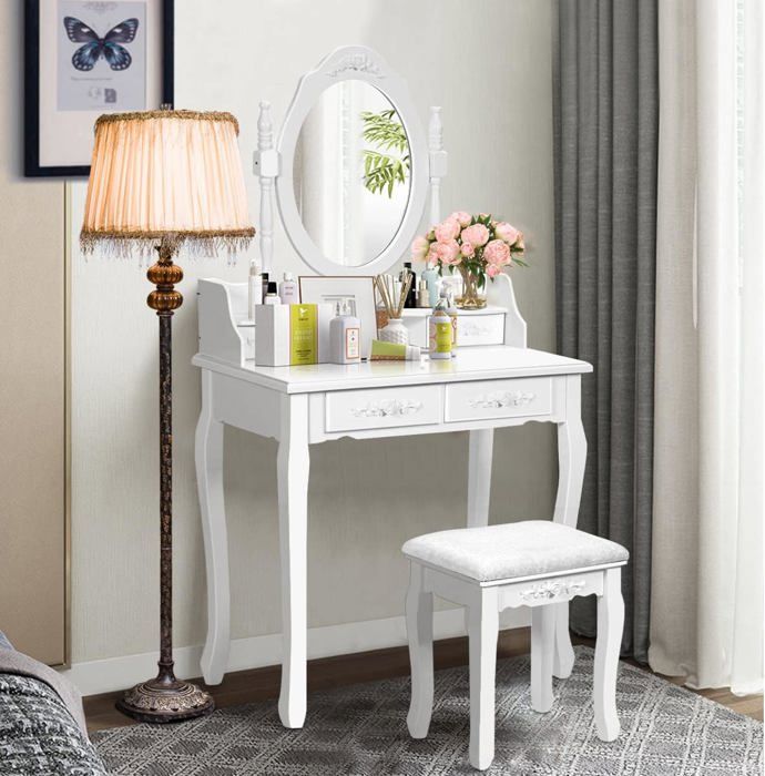 Coiffeuse Commode moderne concise à 4 tiroirs avec miroir amovible à rotation de 360 degrés blanche Coiffeuse Commode moderne concise à 4 tiroirs avec miroir amovible à rotation de 360 degrés blanche
