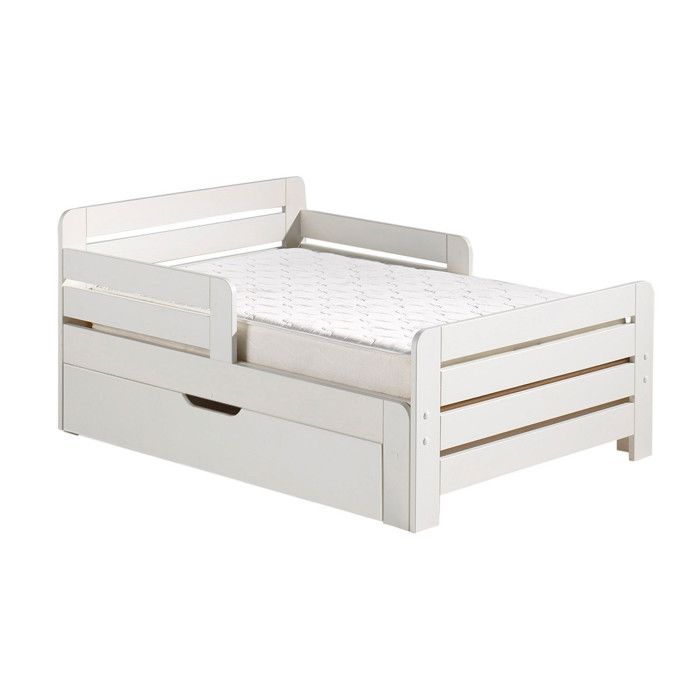 Lit évolutif Enfant ELISA 90x140/190 Cm Blanc - Avec Sommier - Sécurité Et Design Nordique