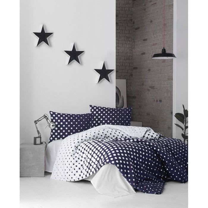 Parure de lit - 1 housse de couette 220 x 240 cm + 2 taies doreiller 60 x 60 cm - 100% coton renforcé - Bleu