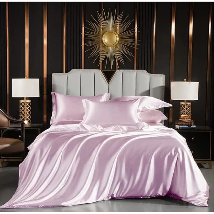 Housse De Couette 140X200 Rose Poudré Satin Parure De Lit Unie Adulte 2