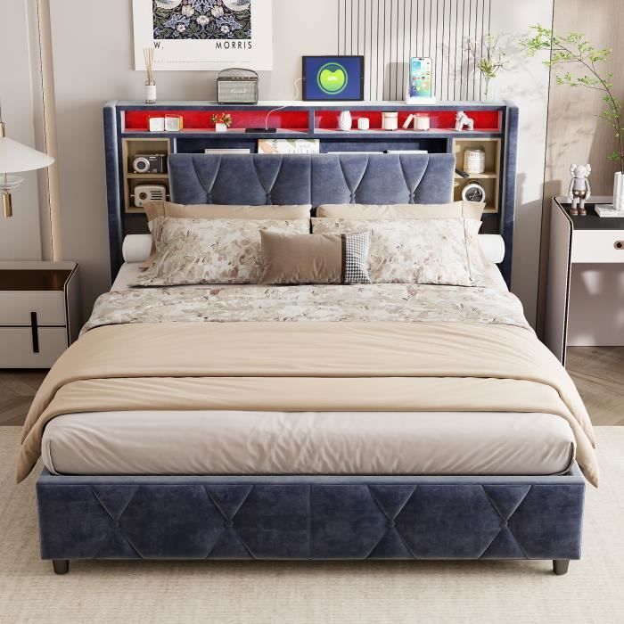 Lit double 160 x 200 cm avec armoires de rangement éclairage LED avec tables de chevet + port USB*2 lit capitonné lit adulte