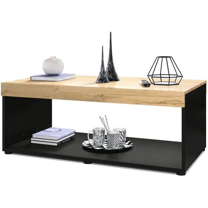 Vladon Table basse de salon Pure avec deux grandes étagères corps en noir mat - plateau et bordures en Chêne Nature Vladon Table basse de salon Pure avec deux grandes étagères corps en noir mat - plateau et bordures en Chêne Nature