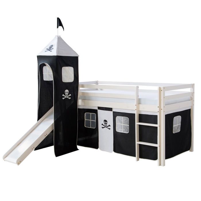 Lit mezzanine 90x200cm avec echelle toboggan en bois blanc et toile noir pirate incluse LIT06154