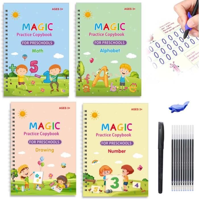Graphi-Magique - Lot de 4 Cahiers magiques d'écriture pour enfant:  alphabet, numéro, mathématique et dessin