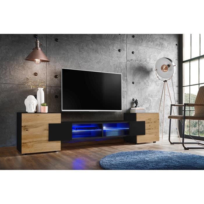 Meuble Banc TV Merano Version 2 Komodee - LED Bleues - Bois naturel Mat et Noir - 230 x 53 x 35 cm Meuble Banc TV Merano Version 2 Komodee - LED Bleues - Bois naturel Mat et Noir - 230 x 53 x 35 cm