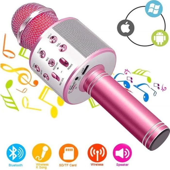 ZWOOS – Micro Karaoké Enfant Sans Fil Bluetooth – Effets Vocaux Rigolos – Autonomie 4-5h – Cadeau Anniversaire/Noël – Rose