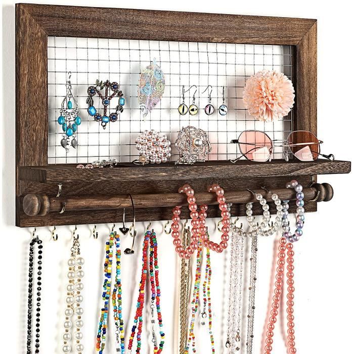 Organisateur de Bijoux Mural Porte Bijoux en Maille de Bois