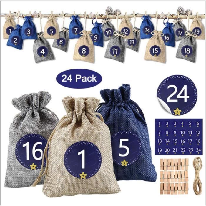 Calendrier De l/'Avent Sac Sacs Cadeaux de Noël en Toile De Jute Calendrier de l/'Avent à Remplir DIY Pochettes Sachets en Lin 24 Sac Cadeau De Noël Jute avec 24 Étiquette Numérique+Clip+10m Corde