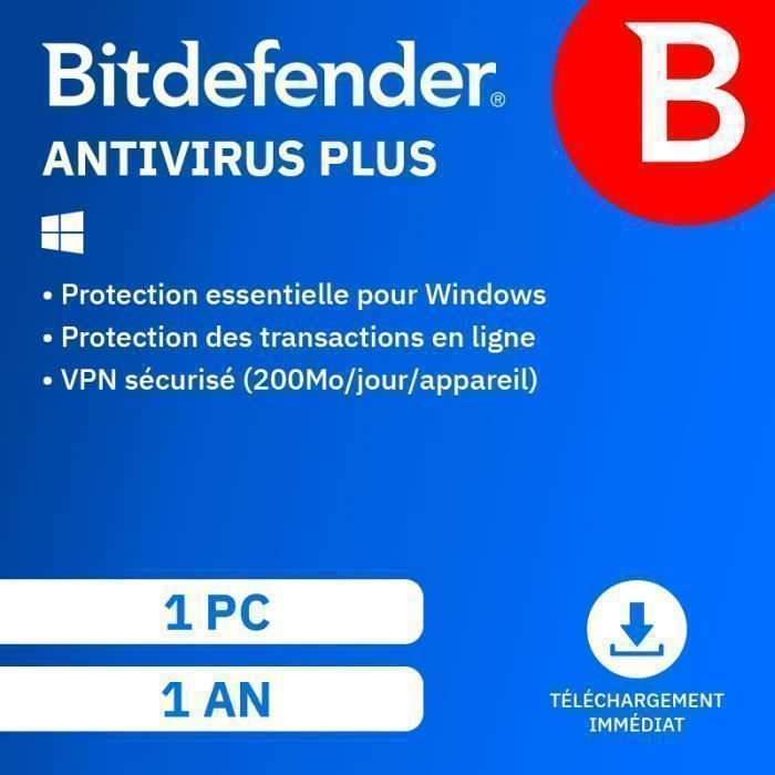 Bitdefender Antivirus Plus 2024* - (1 PC - 1 An) | Version Téléchargement