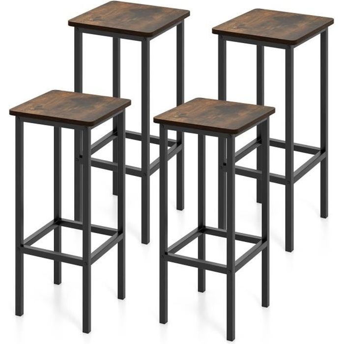 4 Tabourets de Bar COSTWAY Style Industriel avec Repose-Pieds Hauteur de 65 cm Marron Rustique pour Cuisine Salle à manger