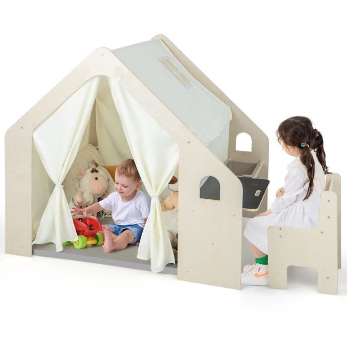Tente de Jeu COSTWAY 6 en 1 : Tableau noir Bac de Rangement Tapis de Jeu Ensemble Table et Chaises pour 3 - 4 Enfants