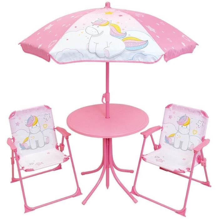 Mobilier de jardin - FUN HOUSE - Salon de jardin Licorne : Table H.46 x 46 cm, 2 chaises pliantes, parasol H.125 x100 cm