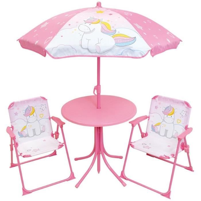 Mobilier+de+jardin+-+FUN+HOUSE+-+Salon+de+jardin+Licorne+:+Table+H.46+x+46+cm+2+chaises+pliantes+parasol+H.125+x100+cm