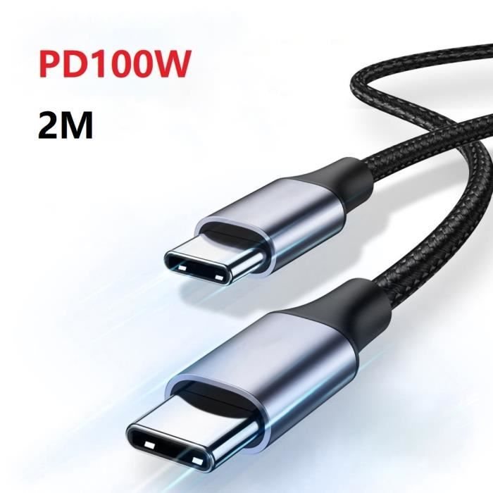 Câble USB-C 2 Mètres INIU 100W - Charge Rapide PD QC 4.0 Pour Téléphone/pc