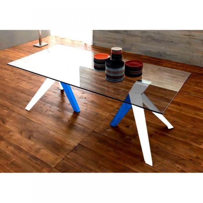 table repas en verre trio - inside - bois blanc et bleu bi color - 210 cm - 10 personnes