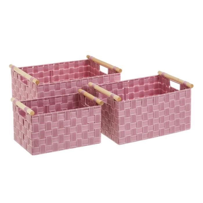 Panier de rangement - JUANIO - JUANIO - Tressé - Lot 3 tailles empilables - Polypropylène rose
