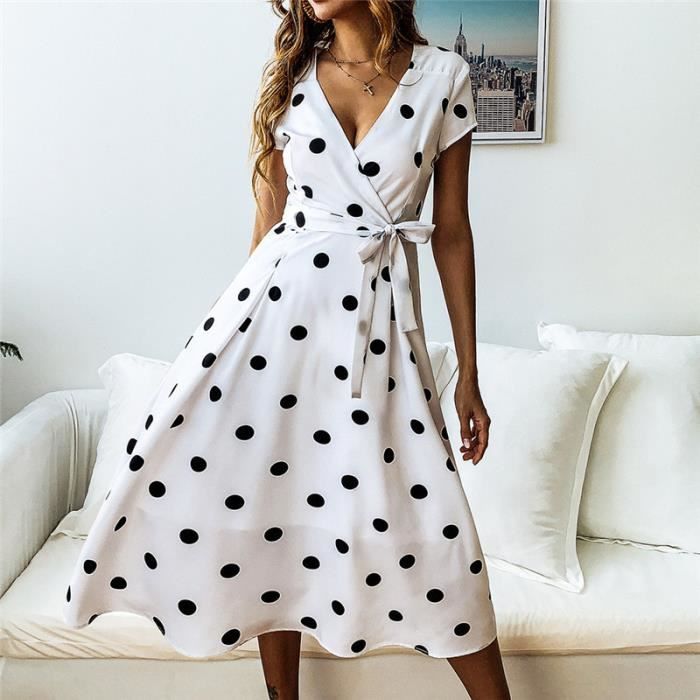 ROBE Femme Robe pois la mode vintage col en V blanc YH
