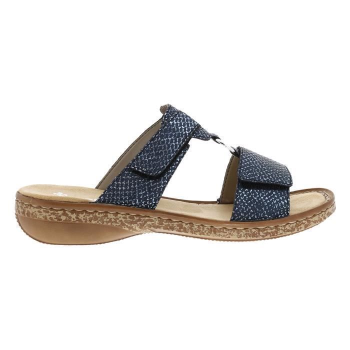 Nu pieds femme Rieker en cuir bleu texture Boucle de serrage Semelle semi compensee 3 5 cm Bleu Cdiscount Chaussures