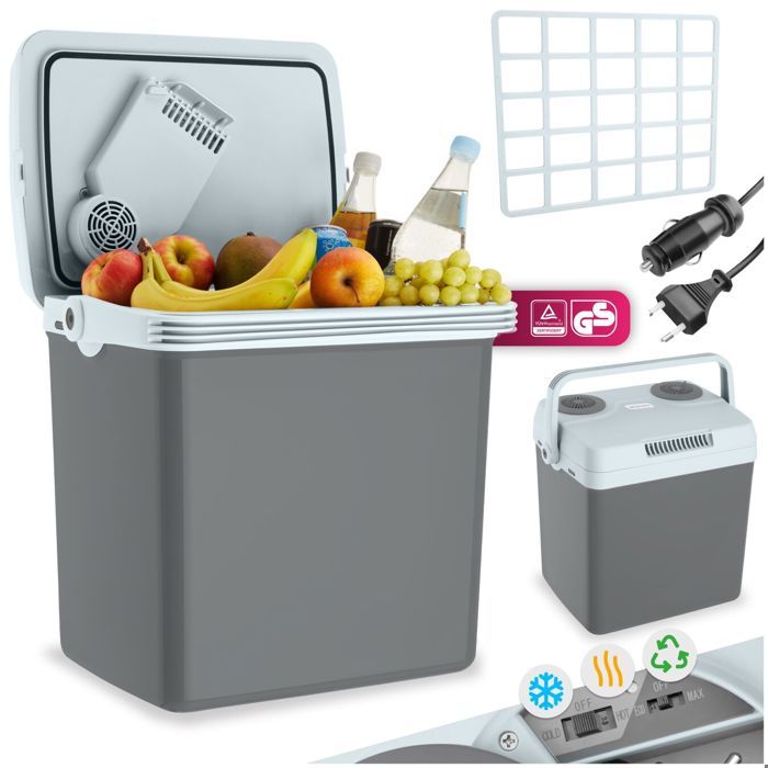 Mini réfrigérateur - TECTAKE - Glacière électrique 2 en 1 de 25 L avec mode économie câbles AC et DC 44 x 32 x 45 cm - Gris