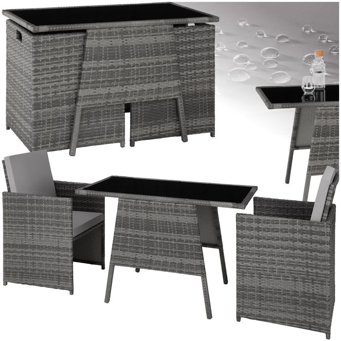 Salon de jardin - TECTAKE - Ensemble détente repas dextérieur LAUSANNE 2 personnes pliable et encastrable en résine tressée - Gris Salon de jardin - TECTAKE - Ensemble détente repas dextérieur LAUSANNE 2 personnes pliable et encastrable en résine tressée - Gris
