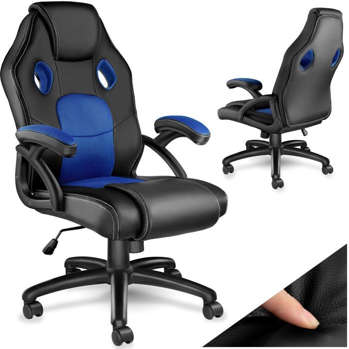 Chaise de bureau - TECTAKE - Fauteuil de gamer MIKE avec rembourrage épais et revêtement en cuir synthétique - Noir/Bleu