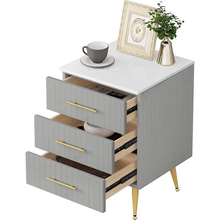 Table de chevet en velours gris - WOLTU - 41x40 5x60 cm - 3 tiroirs - MDF - Pieds en métal - Plateau marbré Table de chevet en velours gris - WOLTU - 41x40 5x60 cm - 3 tiroirs - MDF - Pieds en métal - Plateau marbré
