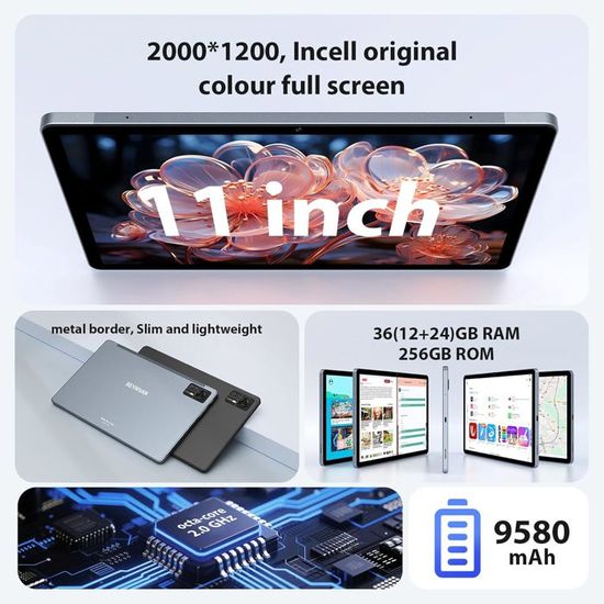 Tablette BEYNIVAN 11 Pouces Android 15 - 4G/5G, 36 Go RAM, 256 Go + Clavier Offert - Gris