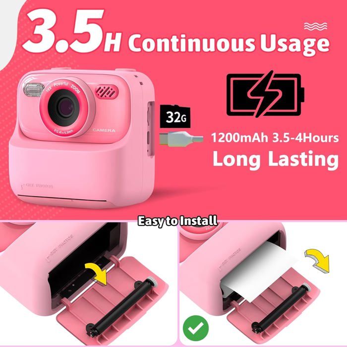 Appareil Photo Instantané Pour Enfants – 1080P, Impression Noir/blanc, Zoom 16x, 32Go, 3 Rouleaux Papier, 5 Appareil Photo Instantané Pour Enfants – 1080P, Impression Noir/blanc, Zoom 16x, 32Go, 3 Rouleaux Papier, 5