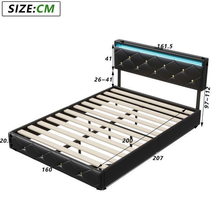 Lit Moderne Avec Éclairage LED RGB Et Recharge Intégrée - 140x200 Cm, Tête De Lit Rangement Commande Par App Coffre Hydraulique Capacite 180 Kg 99156699