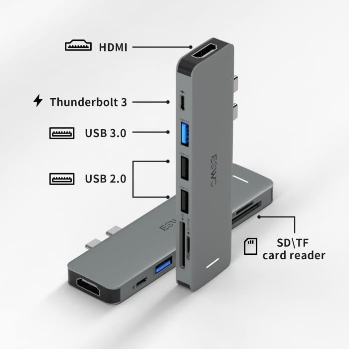 Hub USB C 6 En 1 Pour MacBook Pro Air - 3 USB 3.0, SD/TF, Thunderbolt 3 PD 100W