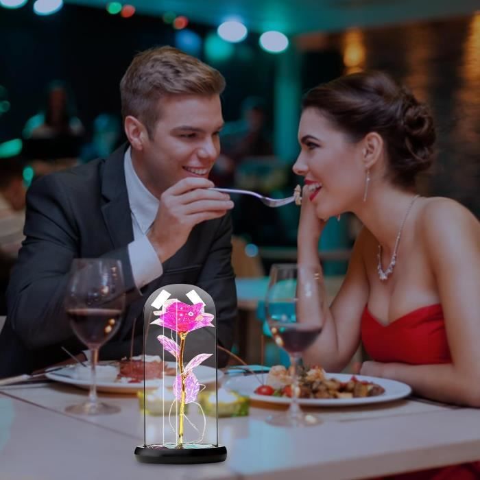 Fleurs Séchées Conservées Sous Dôme En Verre Avec Lumière LED - Cadeau Pour Femme, Anniversaire, Noël