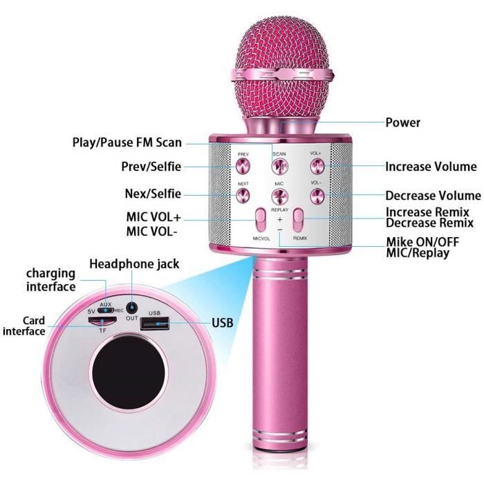 Microphone karaoké sans fil Bluetooth, micro-enregistreur tout-en-un  haut-parleur karaoké portatif haut microphone, radio FM Remix ajustable  cadeaux géniaux pour filles garçons tous âges (or)