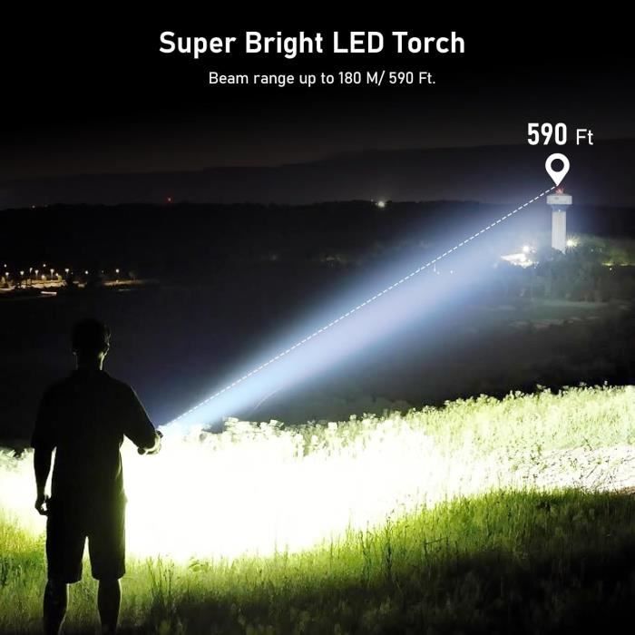 Lampe Torche LED Rechargeable Blukar - 10 Modes, Zoomable, étanche IPX6 - Pour Camping Et Urgences