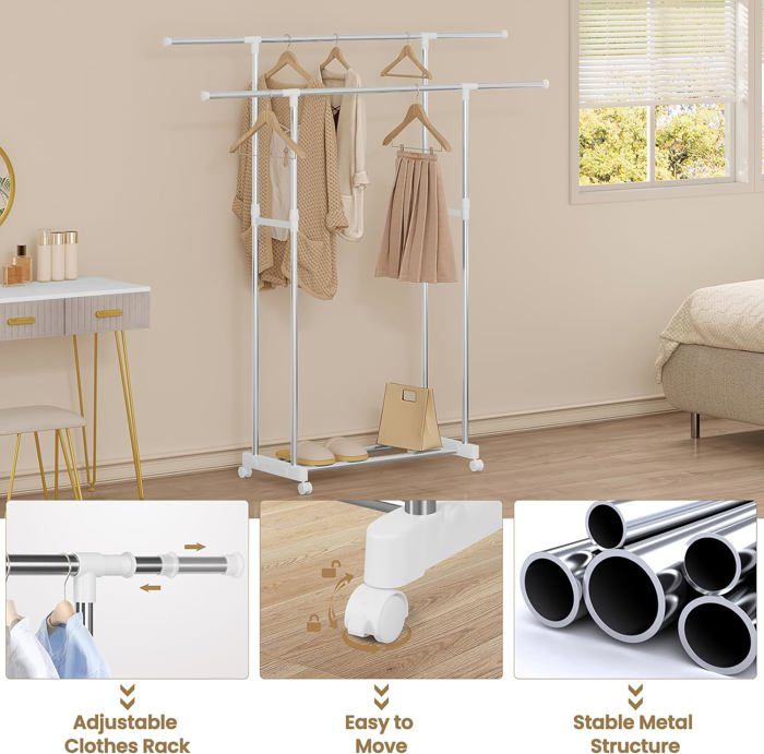 Calmootey Portant à Vêtements Double Tringle Sur Roulettes – Organisateur Portable Blanc, Idéal Chambre, Salon Ou Boutique