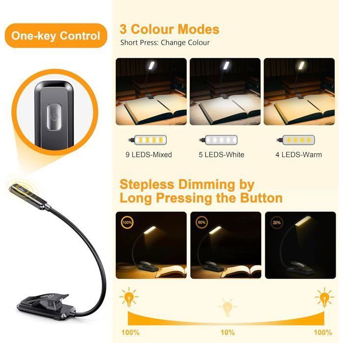 Lampe à Pince LED Rechargeable Topyond – Col De Cygne Flexible, 9 Niveaux De Luminosité, Lumière Blanche/chaude, USB, 1000 MAh