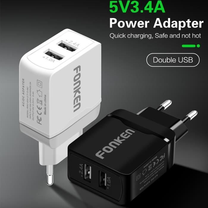 5V3.4A black charger -Chargeur USB double,2 ports,5V,3,4 a,adaptateur mural  universel,pour téléphone,tablette,Samsung,Huawei