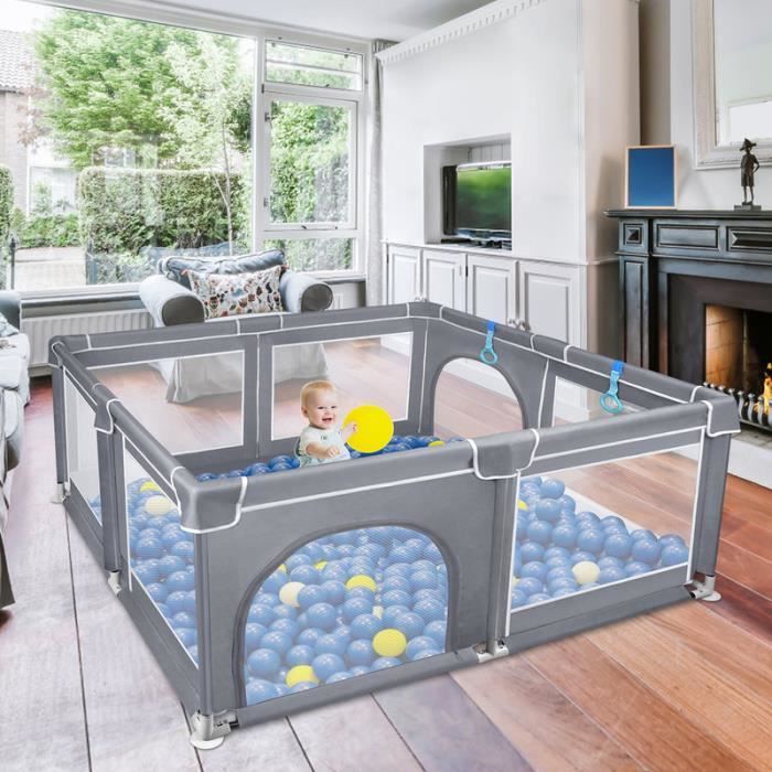 Moby-System Parc Bébé Pliable 200x140 Cm Gris – Aire De Jeu XXL Avec Base Antidérapante, Tissu Imperméable Et Sac De Transport