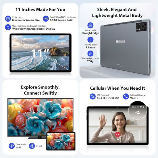 Tablette Android 15 BEYNIVAN 11 Pouces - 4G LTE/5G WiFi, 36 Go RAM, 256 Go ROM, 8000 MAh, écran Full HD - 14