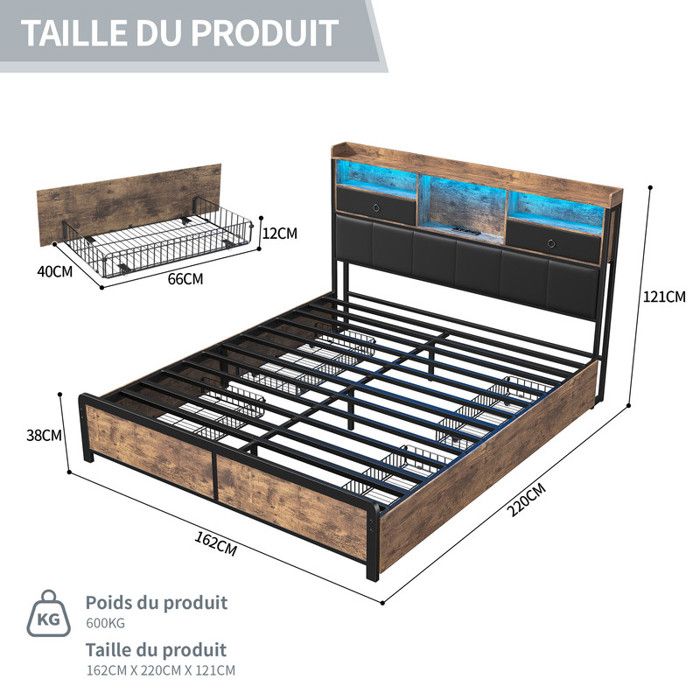Cadre De Lit 160x200 LED Flottant - Lit 2 Places Sommier Métal Avec Rangement 25cm - Sans Grincement