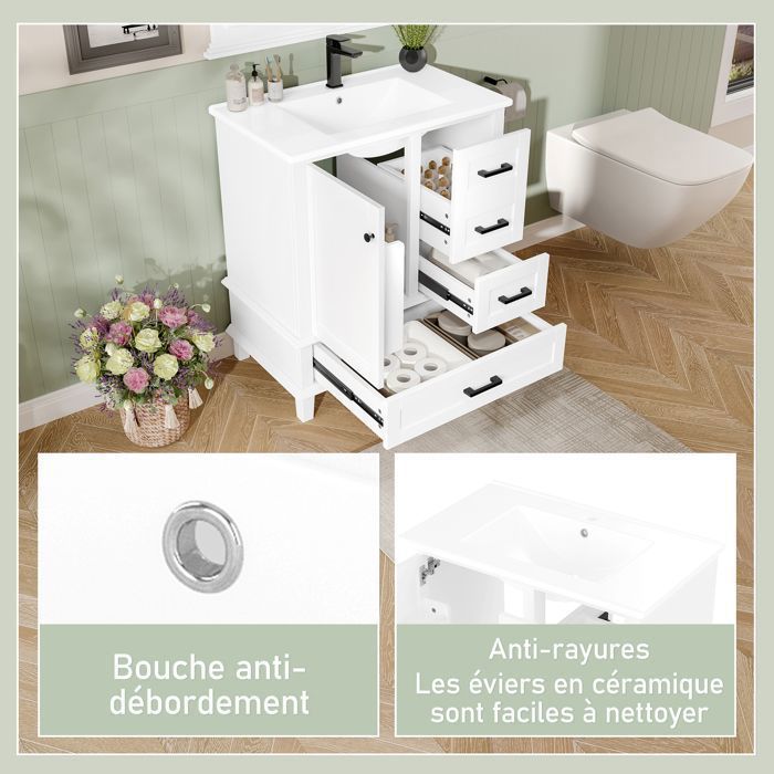 Meuble de salle de bain de salle de bain avec vasque en céramique, 2 portes 1 tiroir, étagères réglables, 60x46x84,8 cm, MDF, blanc