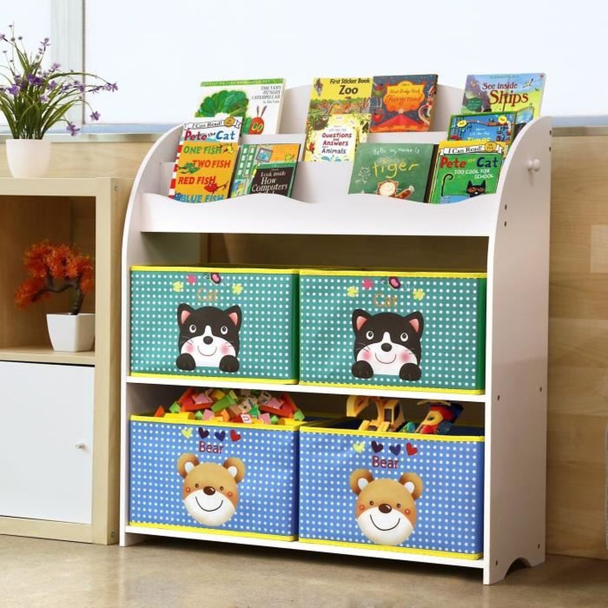 Meuble de Rangement pour Jouets Enfant et Livres avec 2 Tiroirs en