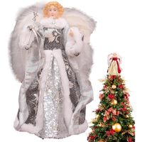 Ange de Sommet d’Arbre de Noël - Décoration d'ange de Noël délicate et élégante Plumes Blanches, Ornements d'arbre Argent