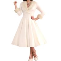Robe Noel Femme Hiver Vintage Années 50 Femme Chic Elegante Robe de Noël avec Coutures en Fourrure Col en V Noël Femmes épaule